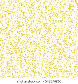 Messy yellow dots on white background. Colorful festive seamless pattern with round shapes. Grunge dotted texture for wrapping paper, web. Vector illustration.
