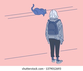 I met a cat sleeping on a roadside fence on the way to the house. hand drawn style vector design illustrations. 