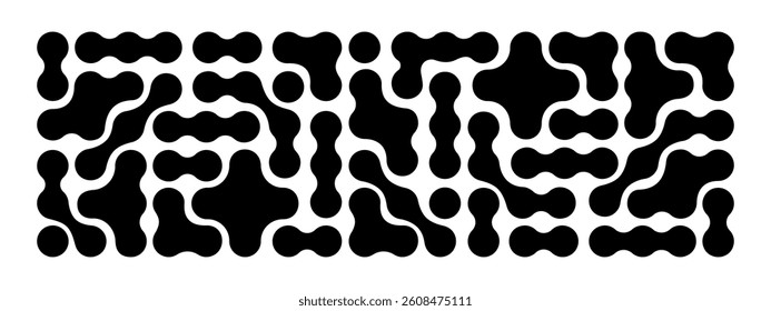 Meta balls pattern. Liquid drops or amorphous shapes background. Organic blob or molecule forms isolated on white background. Trendy abstract print with connected circles. Vector graphic illustration.