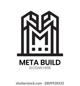 Meta Build logo displays a stylized letter M incorporated into a towering structural framework, representing geometric precision and architectural development. This sharp, modern design is perfect for construction management firms, structural engineering consultants, urban planners, or building developers seeking a distinguished brand identity that highlights vertical growth, robust infrastructure, and high-end design capabilities.
