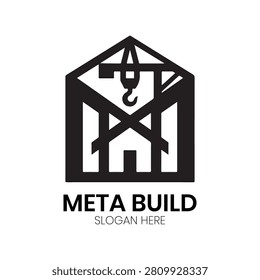 Meta Build logo features a bold, structural house icon incorporating a crane, symbolizing industrial growth and construction excellence. This professional, architectural emblem is highly suitable for construction companies, architectural firms, real estate developers, or home renovation services needing a reliable, strong identity that emphasizes quality workmanship, heavy-duty capability, and building innovation.