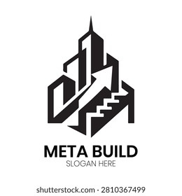 Meta Build logo features a stylized structure with ascending stairs, representing growth, construction, and upward progression. This minimalist design offers a strong professional identity suitable for construction companies, architectural firms, real estate developers, business consulting agencies, or project management teams desiring a clean, impactful graphic to communicate success and stability.