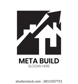 Meta Build logo portrays a soaring upward arrow integrated with a residential structure, symbolizing rapid development and market elevation. This sleek, professional design is highly effective for property developers, architectural firms, real estate agencies, and urban planning consultancies that focus on upward momentum, modern living solutions, and strategic growth within the competitive real estate and construction sectors.