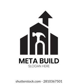 Meta Build logo showcases a hammer integrated with building silhouettes, highlighting craftsmanship, renovation, and structural integrity. This robust design offers a professional visual identity for construction firms, renovation specialists, architectural designers, real estate management, or professional contractors who want to emphasize hands-on expertise and high-quality build standards in their branding.