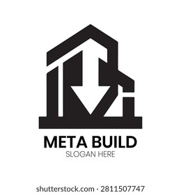 Meta Build logo shows a structural silhouette with a downward arrow, representing foundational growth and architectural development within virtual environments. This bold, minimalist design is excellent for construction firms, architectural design studios, property development companies, and meta-universe developers requiring a strong visual identity that communicates structural integrity, strategic planning, and modern development expertise.