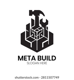 Meta Build logo utilizes a complex geometric structure combined with essential tools, emphasizing precision and craftsmanship in architectural creation. This detailed, professional design is perfect for interior designers, custom construction companies, virtual world architects, and building technology providers looking to highlight their commitment to detail, structural expertise, and high-quality craftsmanship in both physical and digital markets.
