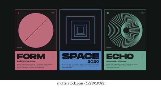 Meta modern aesthetics of Swiss design poster collection layout. Brutalist art inspired vector graphic template set made with bold typography and abstract geometric shapes.