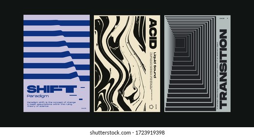 Meta modern aesthetics of Swiss design poster collection layout. Brutalist art inspired vector graphic template set made with bold typography and abstract geometric shapes.