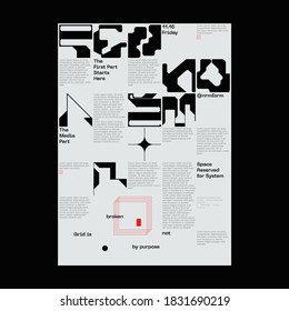 Meta modern aesthetics of Swiss design poster layout. Brutalist art inspired vector graphic template made with bold typography and abstract geometric shapes, great for poster art, album cover prints.