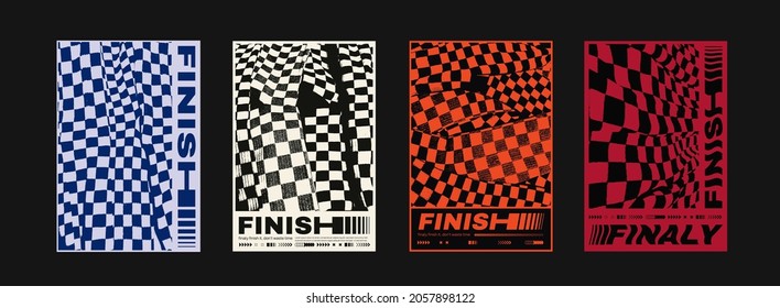 Meta modern aesthetics of Swiss Design Poster Collection. Finish Checkered Flag Texture Vector Illustration. Set of postmodern placards.