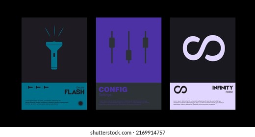 Meta modern aesthetics of swiss design poster collection layout. Brutalist-inspired vector graphics template set featuring bold typography and abstract geometric shapes.