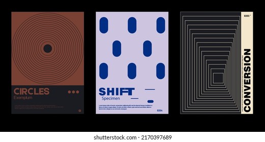 Meta modern aesthetics of swiss design poster collection layout. Brutalist-inspired vector graphics template set featuring bold typography and abstract geometric shapes.