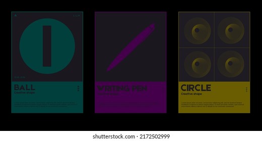 Meta modern aesthetics of swiss design poster collection layout. Brutalist-inspired vector graphics template set featuring bold typography and abstract geometric shapes.