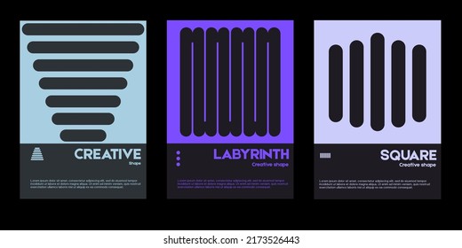 Meta modern aesthetics of swiss design poster collection layout. Brutalist-inspired vector graphics template set featuring bold typography and abstract geometric shapes.Great for poster art and covers