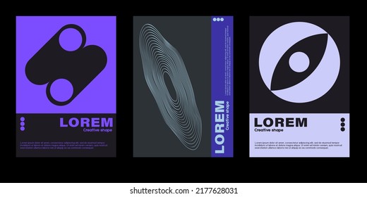 Meta modern aesthetics of swiss design poster collection layout. Brutalist-inspired vector graphics template set featuring bold typography and abstract geometric shapes.