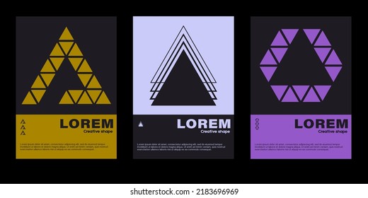 Meta modern aesthetics of swiss design poster collection layout. Brutalist-inspired vector graphics template set featuring bold typography and abstract geometric shapes.