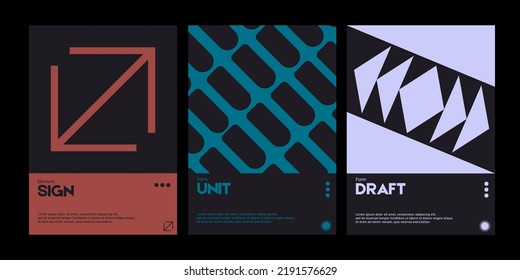 Meta modern aesthetics of swiss design poster collection layout. Brutalist-inspired vector graphics template set featuring bold typography and abstract geometric shapes.