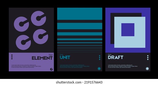 Meta modern aesthetics of swiss design poster collection layout. Brutalist-inspired vector graphics template set featuring bold typography and abstract geometric shapes.