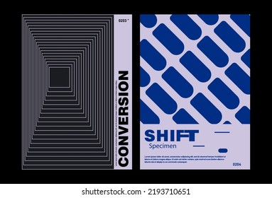 Meta modern aesthetics of swiss design poster collection layout. Brutalist-inspired vector graphics template set featuring bold typography and abstract geometric shapes.