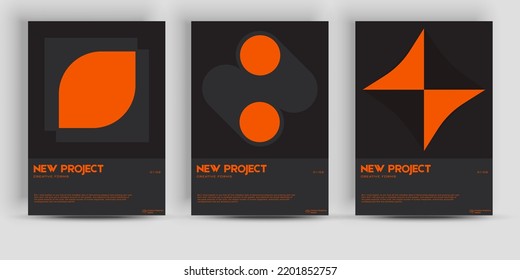 Meta modern aesthetics of swiss design poster collection layout. Brutalist-inspired vector graphics template set  bold typography and abstract geometric shapes.