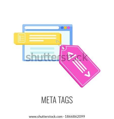 Meta tags icon. SEO, increase the quantity and quality of traffic to website. Digital marketing. Content strategy for online promotion. Marketing and advertising. Flat vector illustration.