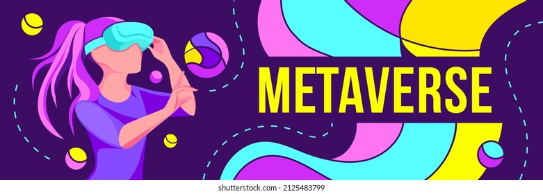 Meta universe future cyber world technology. Girl holding virtual reality glasses immersed into metaverse. Wide banner with copy space and cosmic space elements. Editable vector illustration.