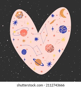 Meta universe heart in trendy space style. Greeting card for valentine day or mother day. Vector illustration for print on wall, t shirt, social media post and stories.