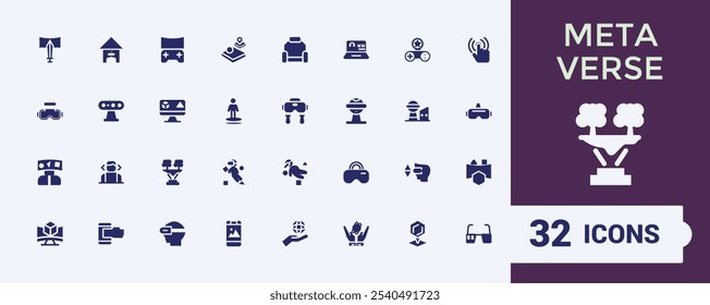 Meta Verse flat solid icon set. Contains related to cyber, digital, graphic, 3d, interface, lifestyle, reality, meta. Minimalistic web and UI icons.