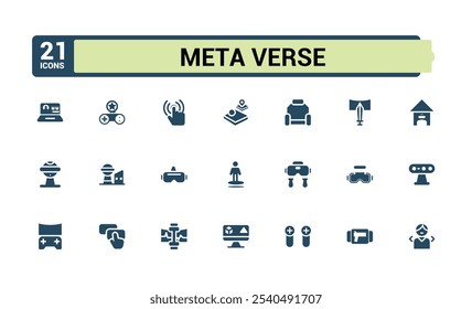 Meta Verse-Symbole im soliden Stil. Enthalten Innovation, Technologie, futuristische, globale, digitale, Netzwerk, Realität und mehr. Gefülltes Symbolpaket. Bearbeitbare Vektorgrafik.