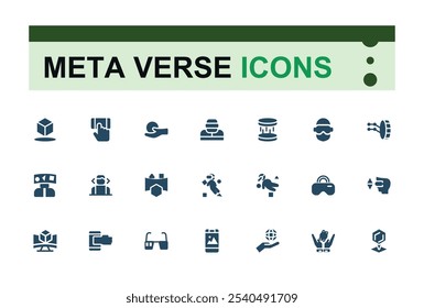 Meta Verse icons in solid style. Containing innovation, technology, futuristic, global, digital, network, reality and more. Filled icons pack. Editable vector illustration.