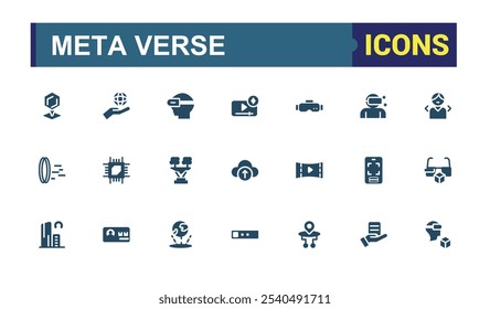 Meta Verse icons in solid style. Containing innovation, technology, futuristic, global, digital, network, reality and more. Filled icons pack. Editable vector illustration.