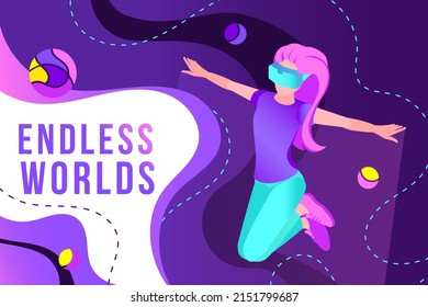 Meta Verse Neon glowing banner with character immerse to the Virtual reality, digital cyber world technology. Character in digital glasses surrounded with futuristic fluorescent space