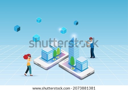 Meta verse, virtual reality and augmented reality technology. Man and woman wear VR glass experience 3D virtual reality on smartphone with blockchain and city buildings environment interface