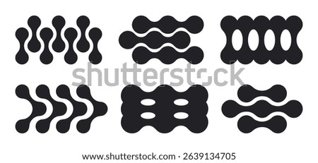 Metaball abstract shapes. Connected round figures and blobs icons, metaball connected dots flat vector illustration set. Liquid molecule shapes on white