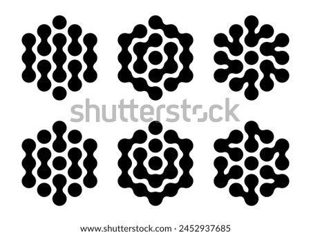 Metaball brain nerve cells dot icons. Neurotransmitter chain, medicine laboratory concept. Nano digital snowflake network connection. Spotted blobs for mental health.