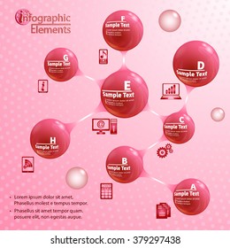 Metaball circular elements icon of glass spheres. Consistent with branching infographics. Template for presentations, diagrams and charts. Vector EPS-10.Spherical abstract web design background. 