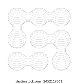 Metaball connected balls wireframe blue print. Y2k line 3d wavy grid of parallel planes cutting spherical shapes into slices. Vector wires warp and circle mesh wrap geometric tech molecule.