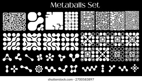 Metaball Connected Circles: Abstract Nerve Cell Dots, Computer Nano Network, and Liquid Molecule Waves. Set of Vector Elements.