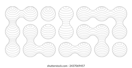 Metaball connected circles wireframe. y2k shape connection mesh. Atom molecule surface pattern science frames. Abstract technology perspective blueprint
