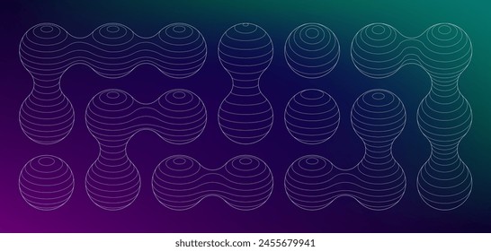 Metaball connected circles wireframe. y2k shape connection mesh. Atom molecule surface pattern science frames. Abstract technology perspective blueprint