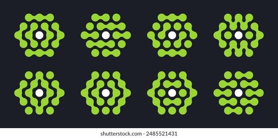 Figuras relacionadas con el metal. Formas gráficas Abstractas de líquido manchado, iconos de moléculas hexagonales conjunto de Ilustración vectorial plana. Elementos de diseño metabólicos brillantes