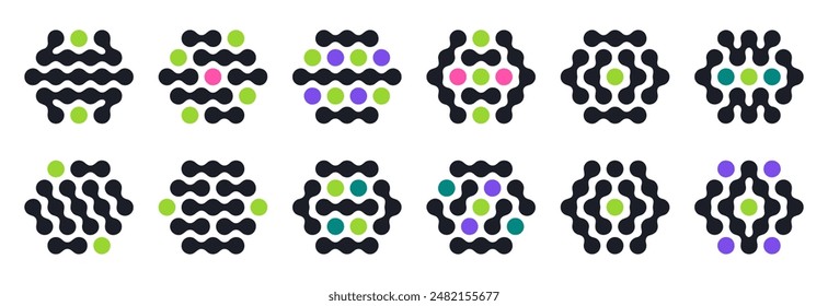 Metaball connected shapes icons. Hexagon molecule figures, abstract liquid spotted graphic design elements flat vector illustration set. Liquid metaball shapes