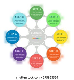 Metaball for diagram, graph, presentation and chart. Business concept with 8 options, parts, steps or processes. Vector infographic on blur background