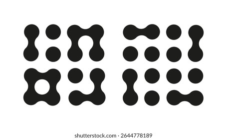 Metaball dot icons. Abstract integration symbol. Connected circle shape sign. Trendy pattern. Point movement. Morphing blobs. Metaballs transition. Logo sample, sticker template. Web design element.