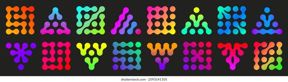 Metaball gradient neon shapes on dark background - vibrant glowing symbols with smooth blending transitions and fluid forms. Dynamic abstract elements for modern and futuristic interface design.
