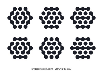 Formas hexagonales metálicas. Elementos de Diseño gráfico manchados Abstractas, figuras de moléculas líquidas conectadas conjunto de Ilustración vectorial plana. Iconos de metaball modernos