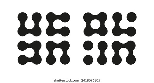 Metaball icons. Connected dots signs. Integration abstract symbol. Circles simple pattern. Point movement. Connected blobs. Metaballs transition. Set of flat logos. Vector graphic illustration. 