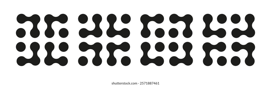 Metaball icons set. Connected dots graphic signs. Circles simple patterns. Integration abstract modern symbols. Point movement layout. Connected blobs mockup. Metaballs transition. Flat logotypes.