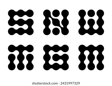 In: Metaball Letter Set. S, N, T, G, M, W Typografie als verkettete Punkte oder flüssige Kleckse. Organisch verbundene Punkte zeigen Molekülstrukturen oder geometrische Zellgitter.