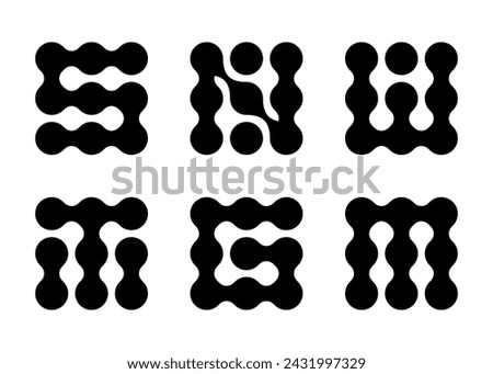 Metaball letter set. S, N, T, G, M, W typography as chained dots or liquid blobs. Dots connect organically to show molecule structure or geometric cell grid.